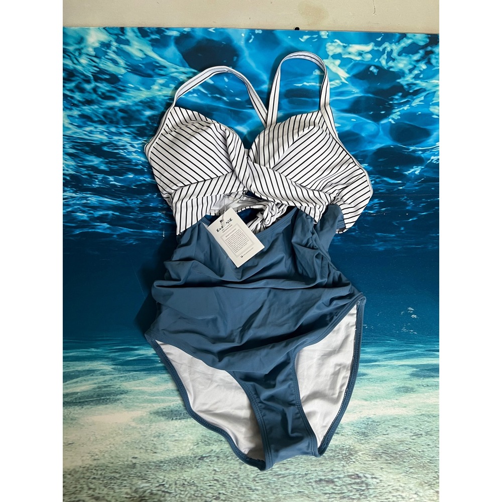 Eomenie Womens Striped Twist Front Tummy Control One Piece Swimsuit Blue Small